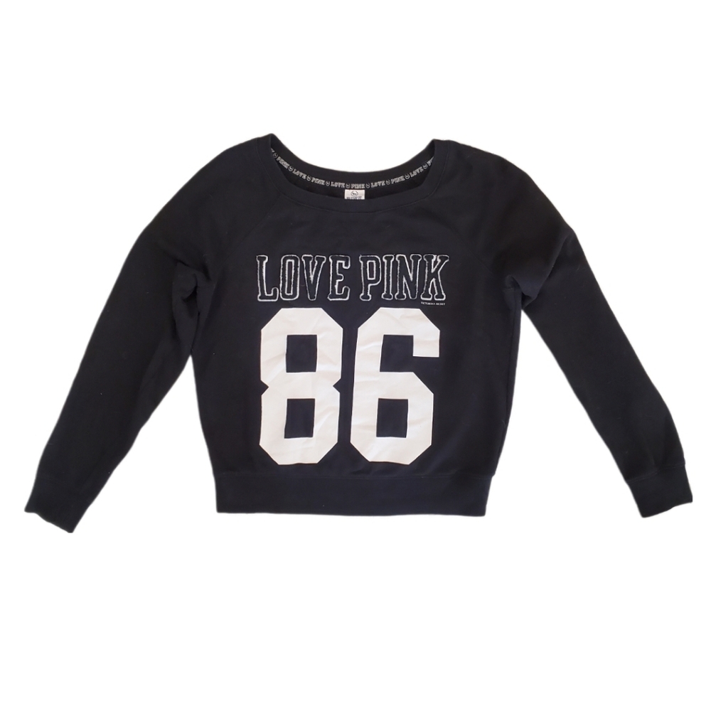 Victoria's‎ Secret PINK Women's Black Love Pink 86 Pullover Sweatshirt Large
